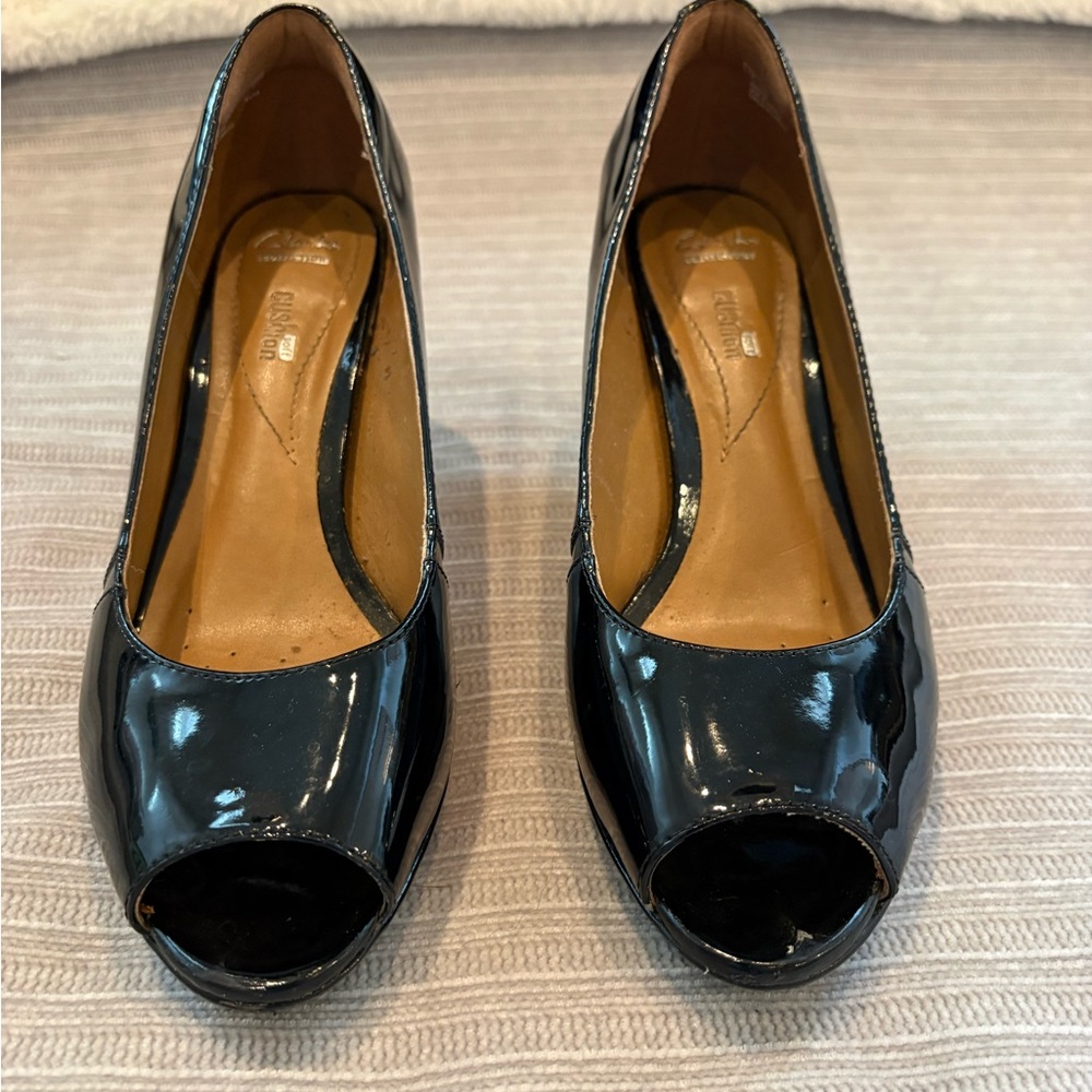 Patent Leather Black Peep-Toe Pumps